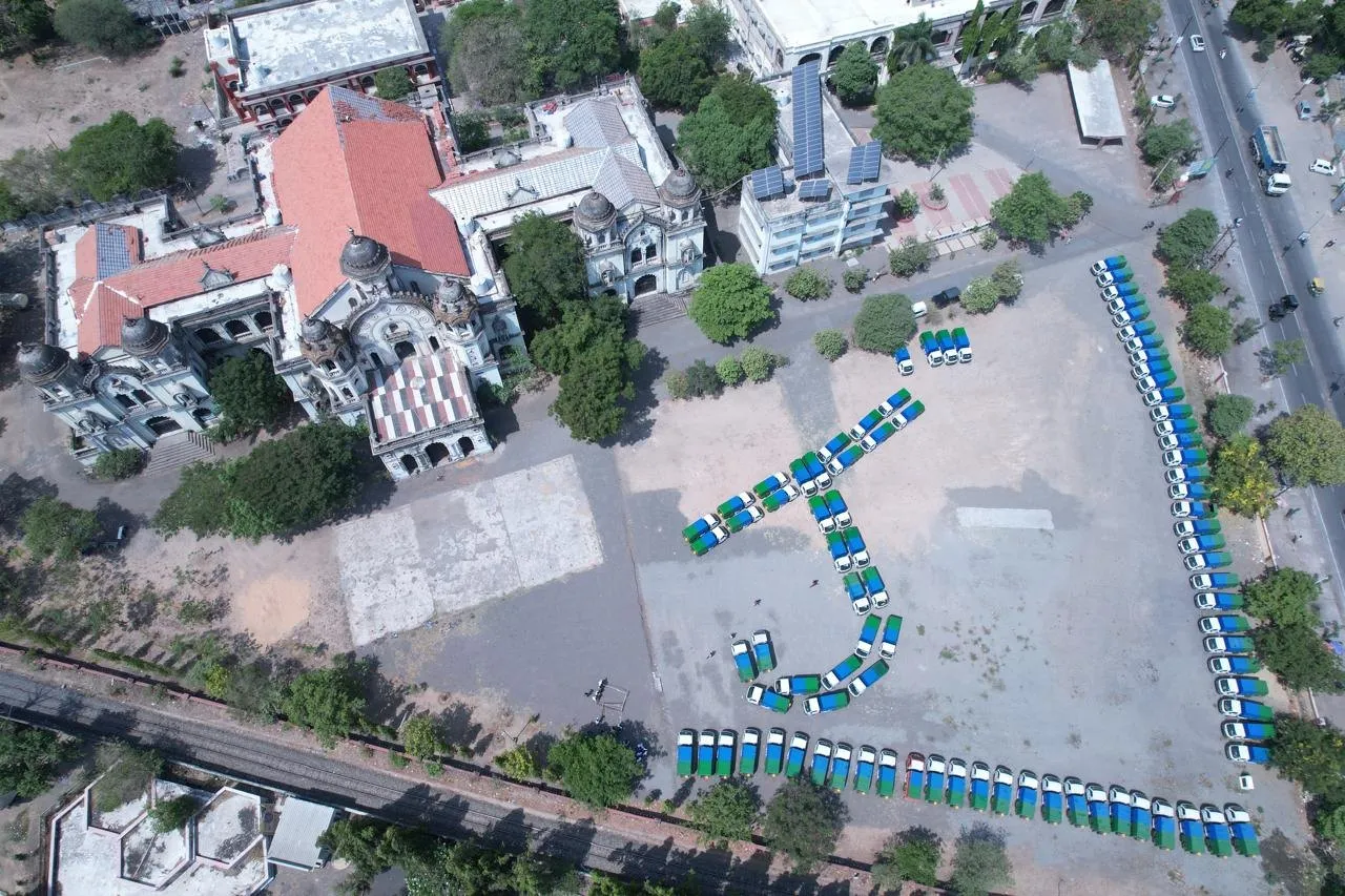 Aerial view of the J Kachrewala collection fleet assembled in formation