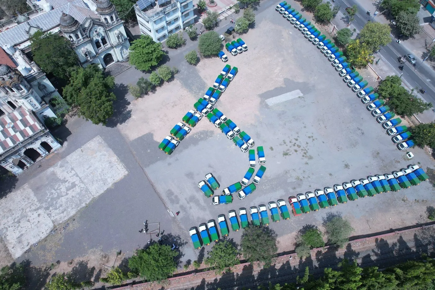 Aerial view of the J Kachrewala door-to-door collection fleet parked in formation